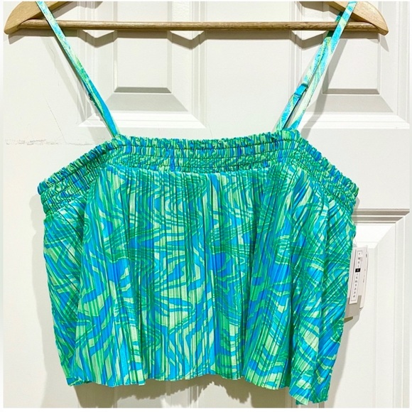 NWT Satin Cropped Plisse Tank Top Green Ziggy Zebra - Picture 3 of 10